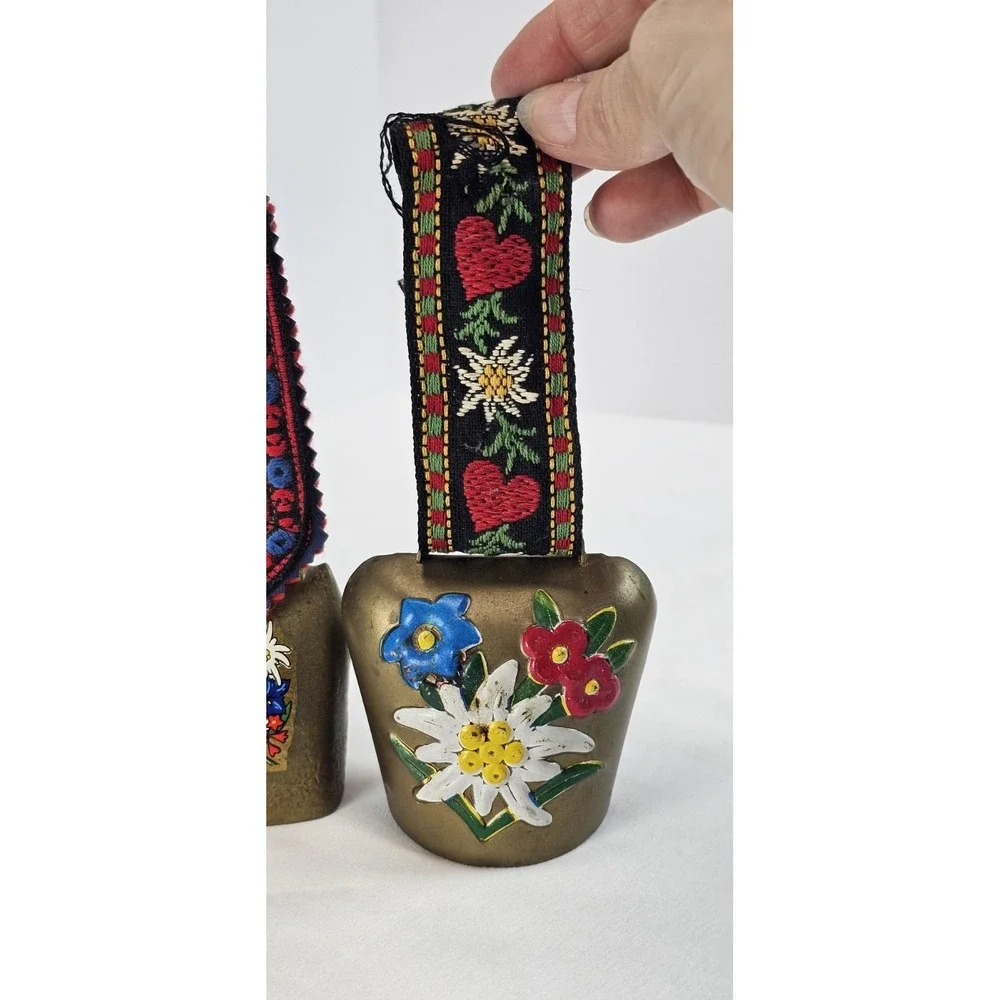 Vintage Norwegian Brass Cow Bells Honningsvåg Floral Leather Strap Set of 3